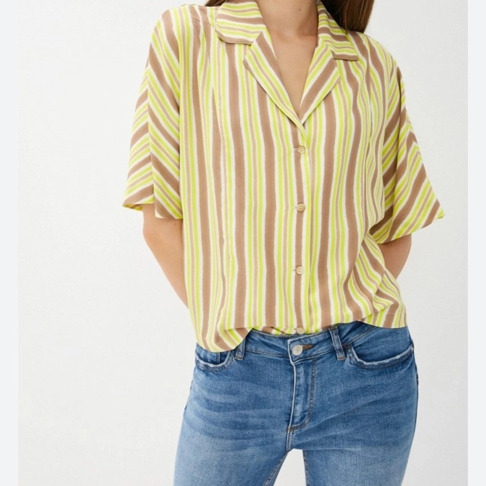 MNG Casual Lime Beige Striped Button Down Shirt Medium Y2K Coastal Chic